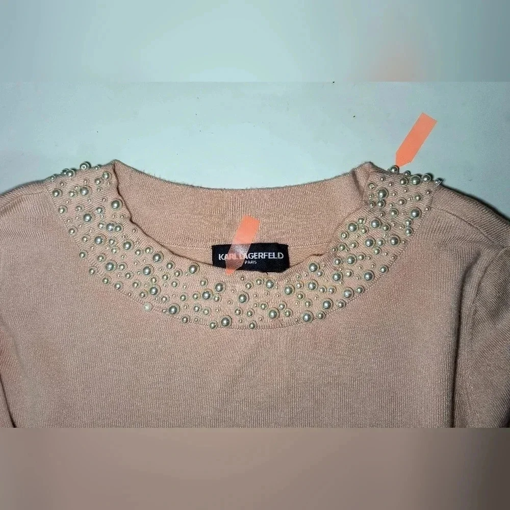 Karl Lagerfeld Paris Faux Pearl Neck Pale Pink  Lightweight Pullover Sweater, M - Picture 10 of 11